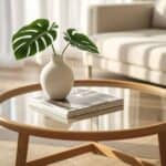 Minimalist round bamboo coffee table in a bright sunlit living room