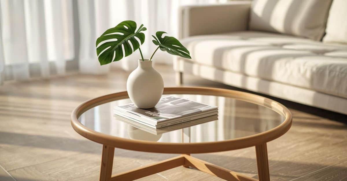 Minimalist round bamboo coffee table in a bright sunlit living room