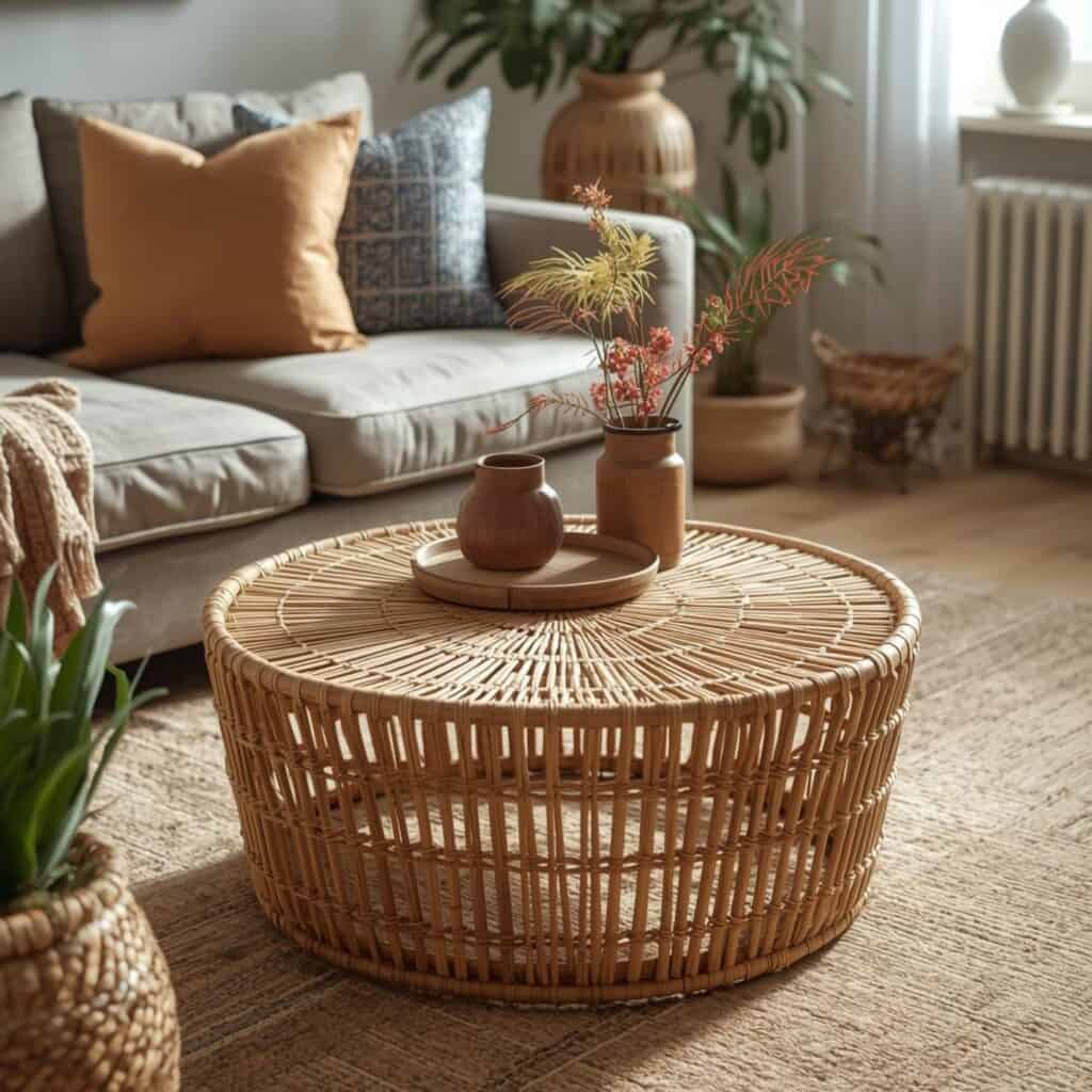 Hand-woven coffee table in a boho-chic living room.