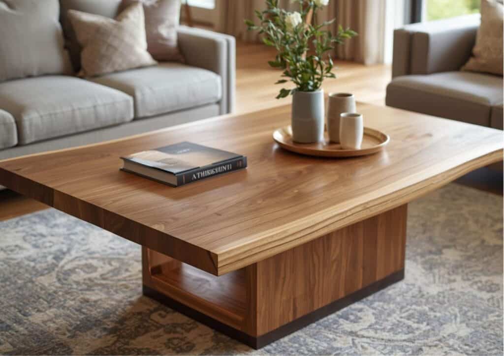 Luxury solid slab coffee table with a natural grain finish in a high-end modern living room.