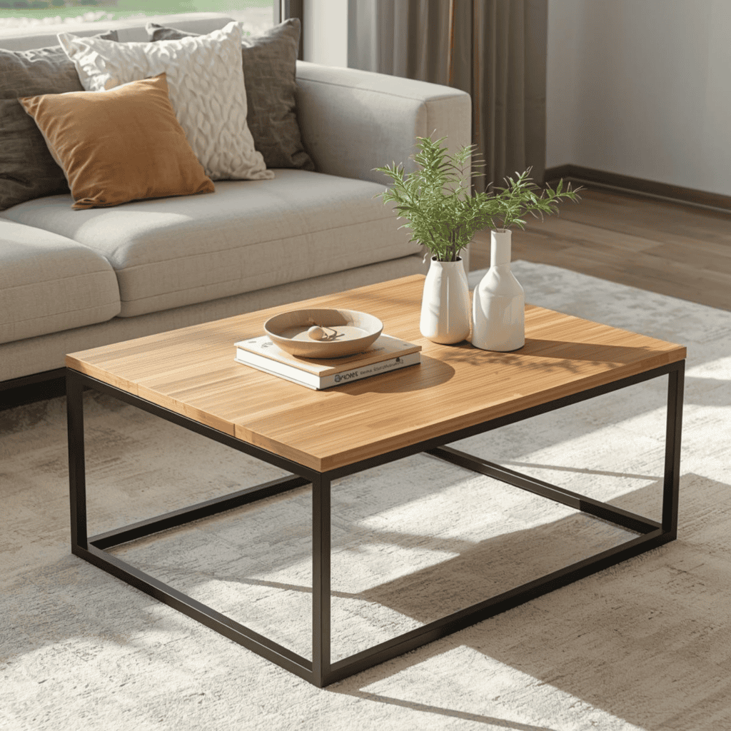 Industrial style coffee table with a natural bamboo top and black metal legs in a bright modern loft.