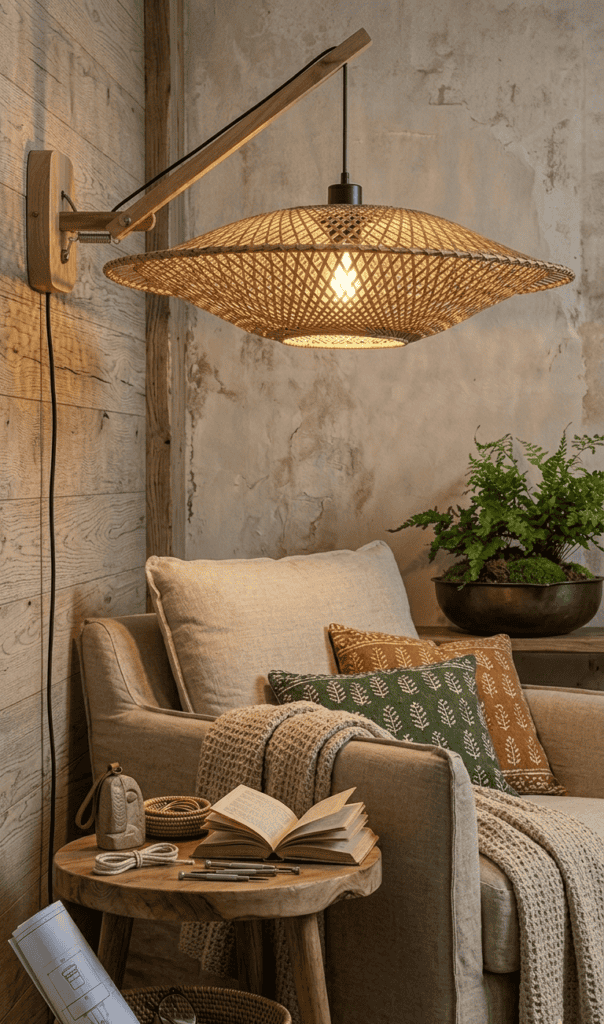 Bamboo Wall Arm Light in a reading nook