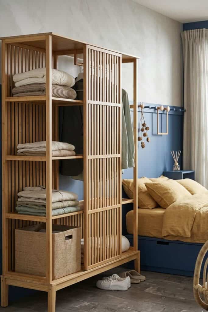 minimalist bamboo wardrobe in a modern bedroom showing organized linen clothes .