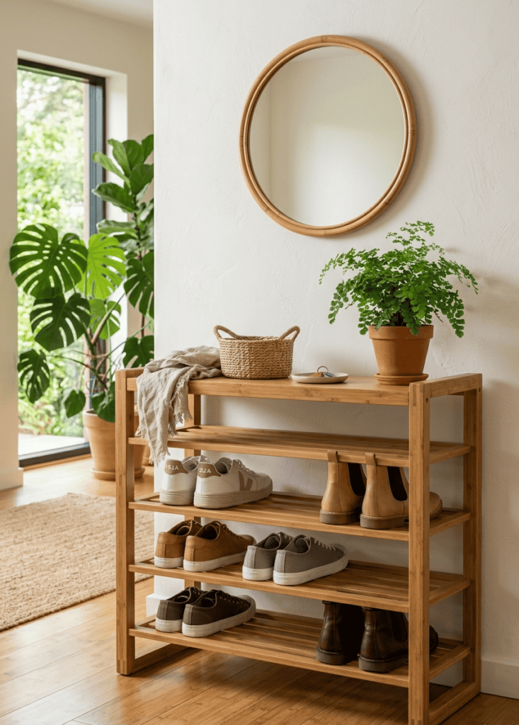Modern multi-tier bamboo shoe rack in a clean entryway featuring organized footwear and a small potted plant.