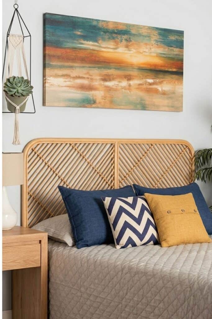 Handcrafted headboard showcases a natural brown color