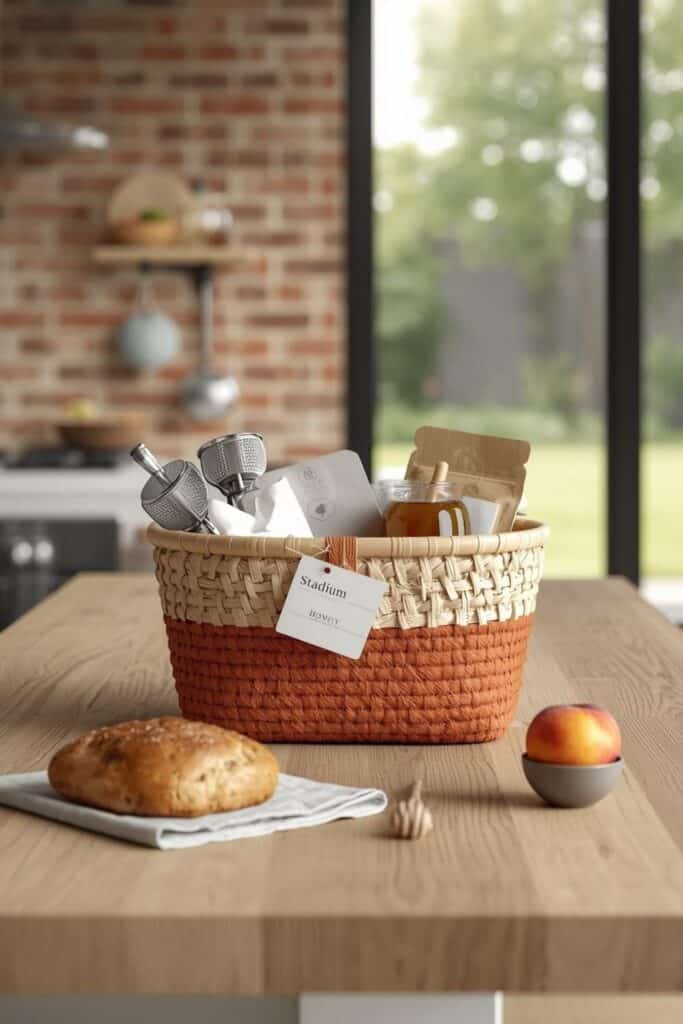 Small Bamboo Baskets on a table in kitchen used for storage 