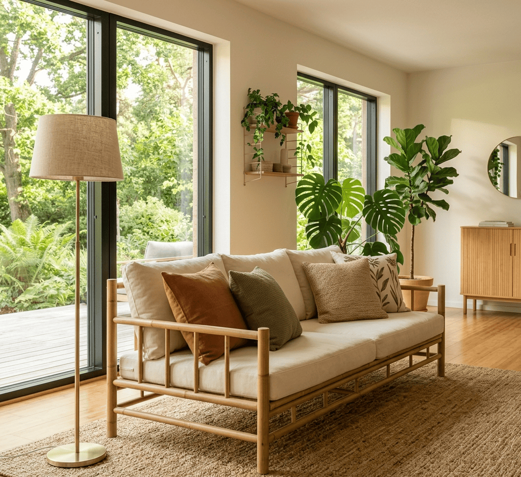 Minimalist sustainable bamboo sofa frame with plush off-white cushions and earthy-toned pillows in a cozy, bright living room.