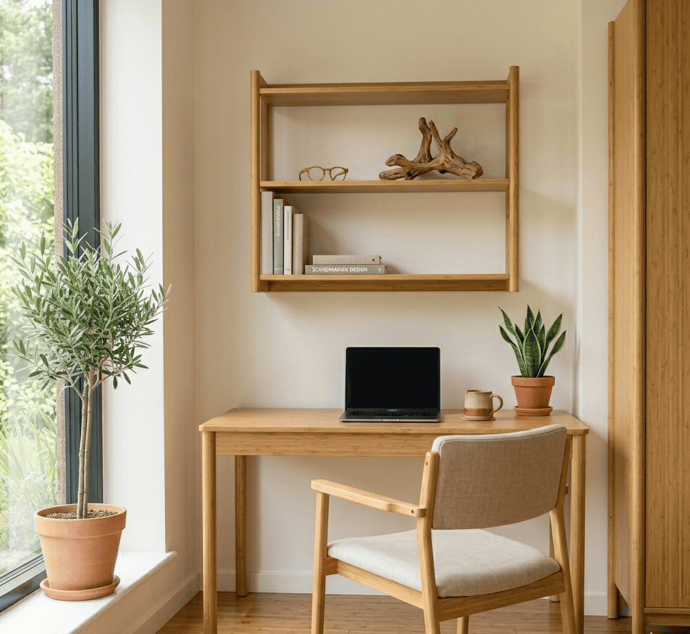 Modern sustainable bamboo desk in a home office setup with a laptop and a small indoor plant for a productive workspace.