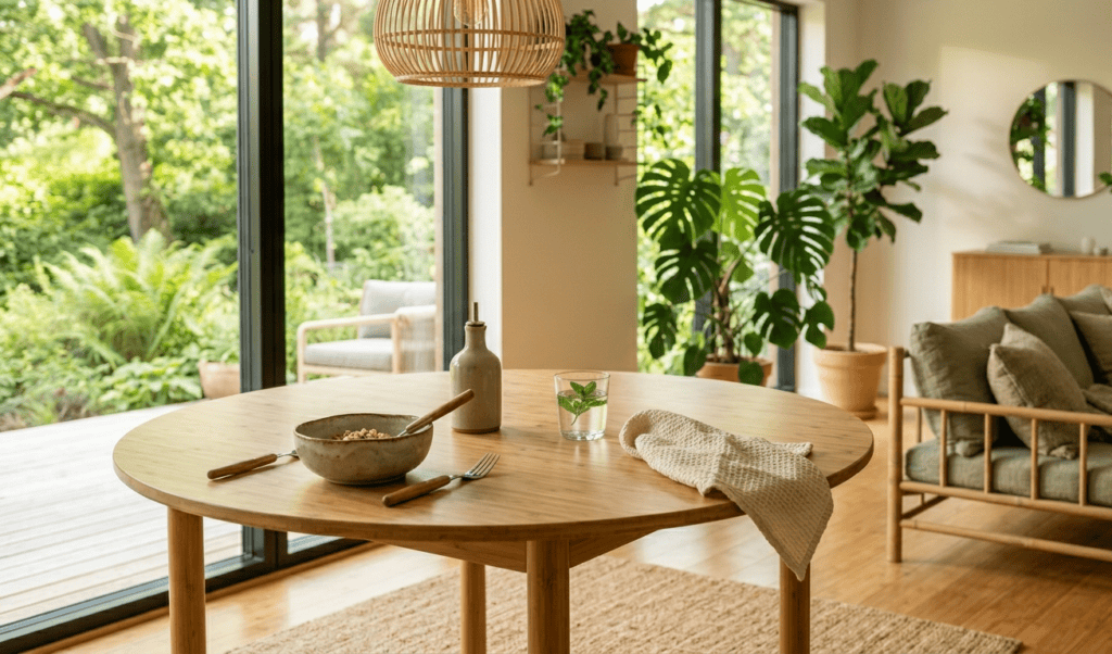 Minimalist round bamboo dining table with natural wood grain details.