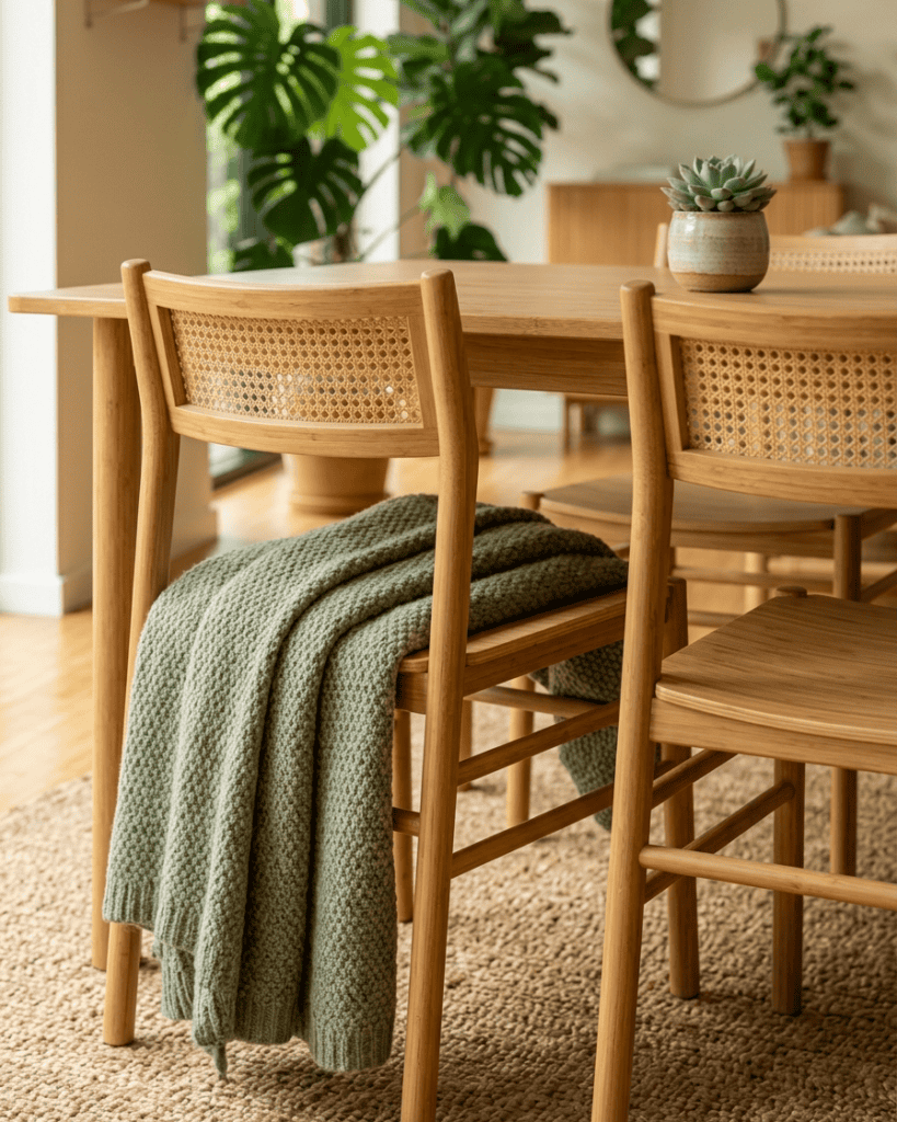 Pair of sustainable bamboo dining chairs with woven backrests in a minimalist, clean-lined interior.