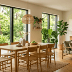 Modern eco-friendly living room featuring a set of sustainable bamboo furniture