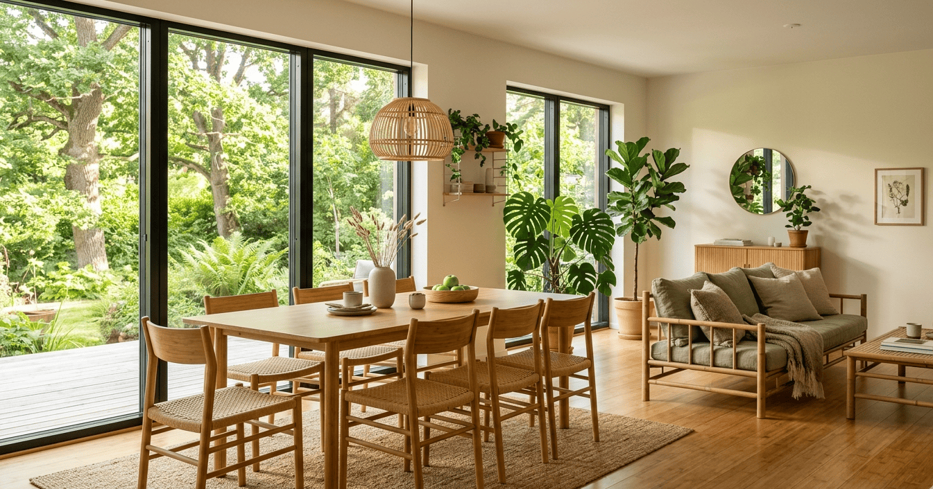 Modern eco-friendly living room featuring a set of sustainable bamboo furniture