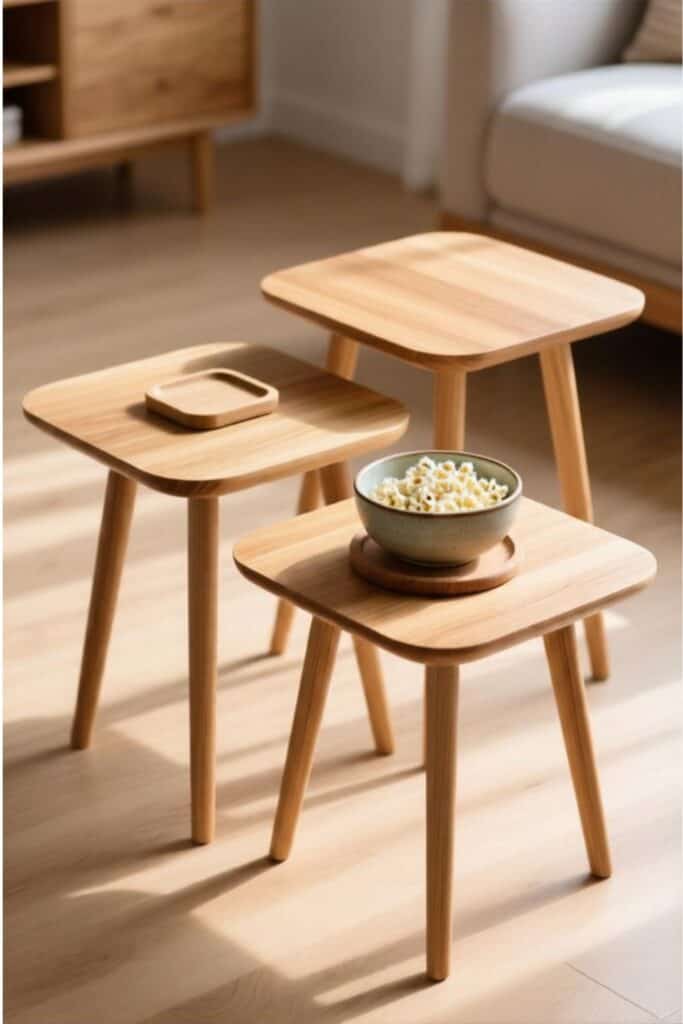Three modern bamboo nesting tables stacked together in a cozy living room.