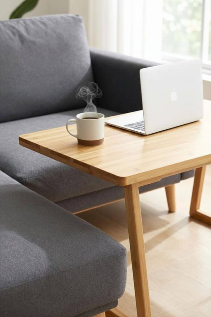 A sleek bamboo C-table sliding over a sofa arm with a laptop and coffee mug.
