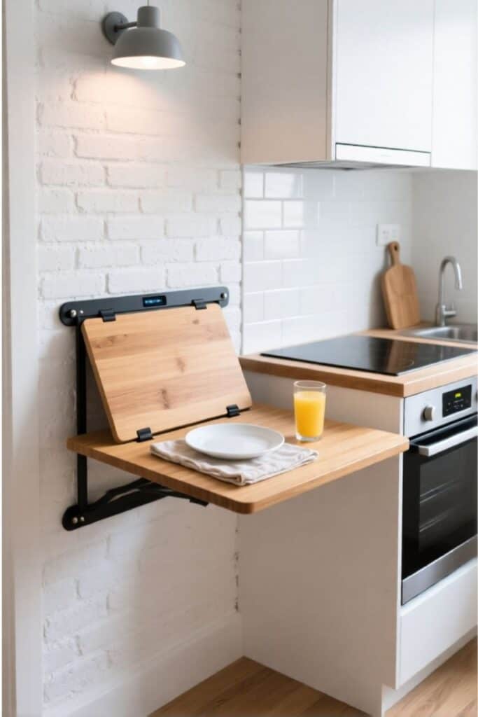A space-saving wall-mounted bamboo drop-leaf table folded flat against the wall.