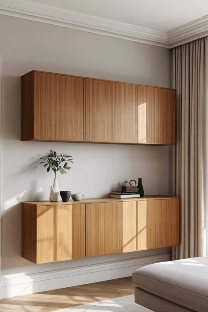 Wall-mounted bamboo cabinets in a bright living room