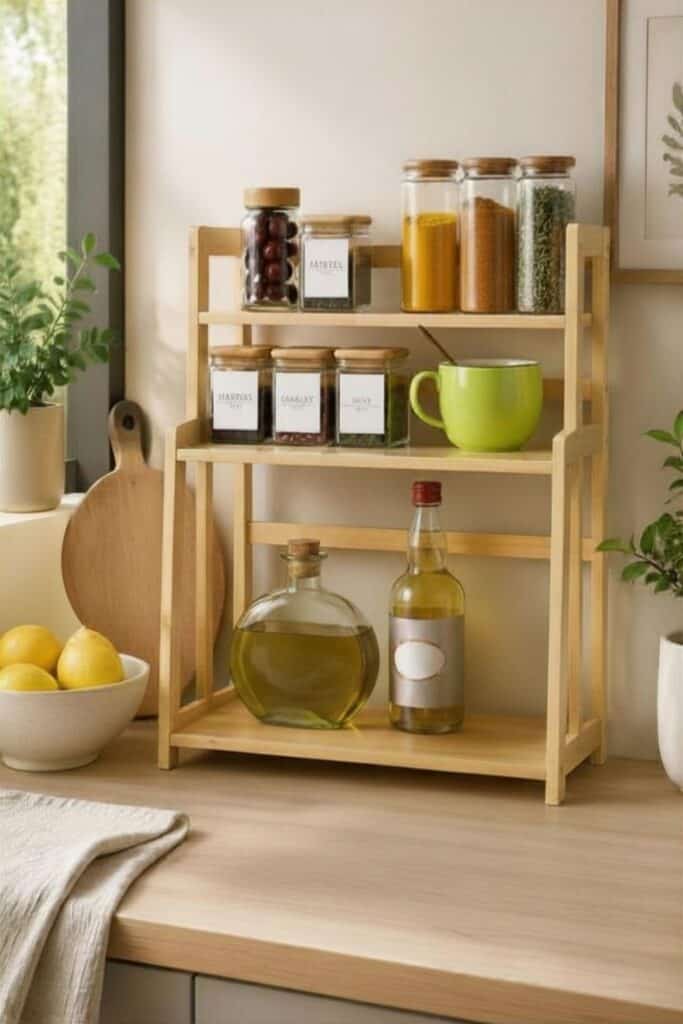 Bamboo kitchen shelves neatly organizing spice jars, mugs, and everyday kitchen essentials.