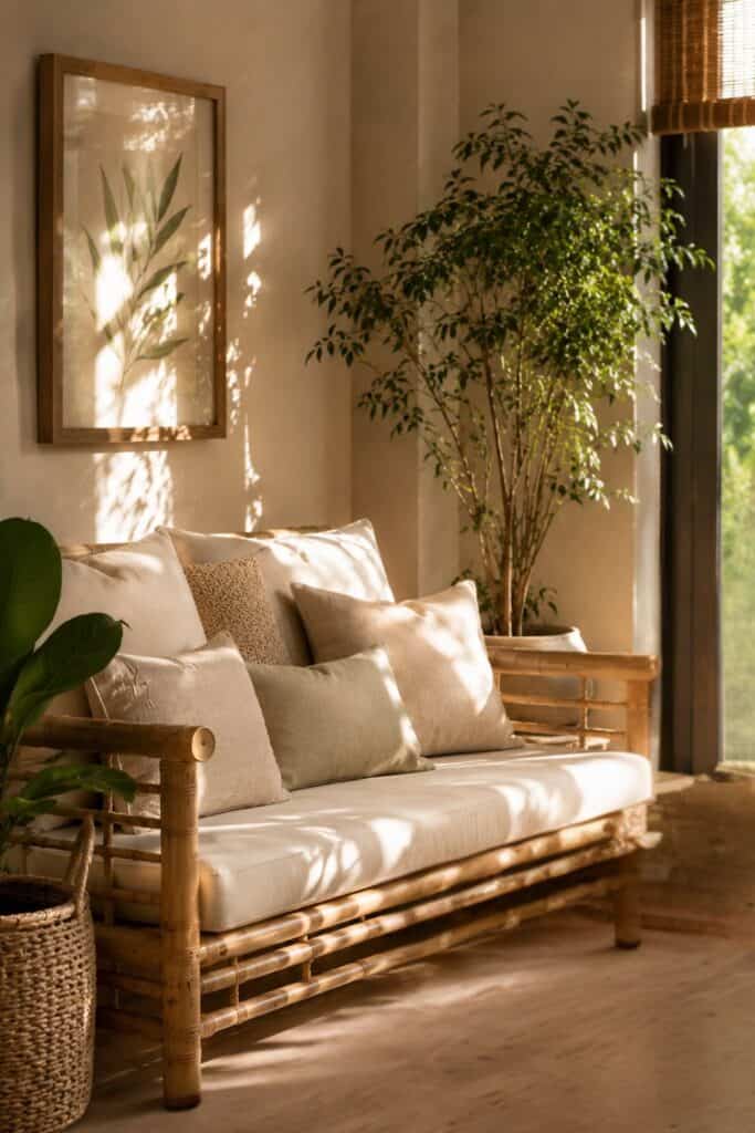 Bamboo sofa with neutral cushions in a cozy living room