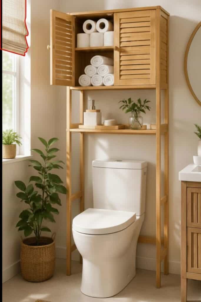 Bamboo bathroom shelving unit holding neatly folded towels, baskets, and bathroom essentials.