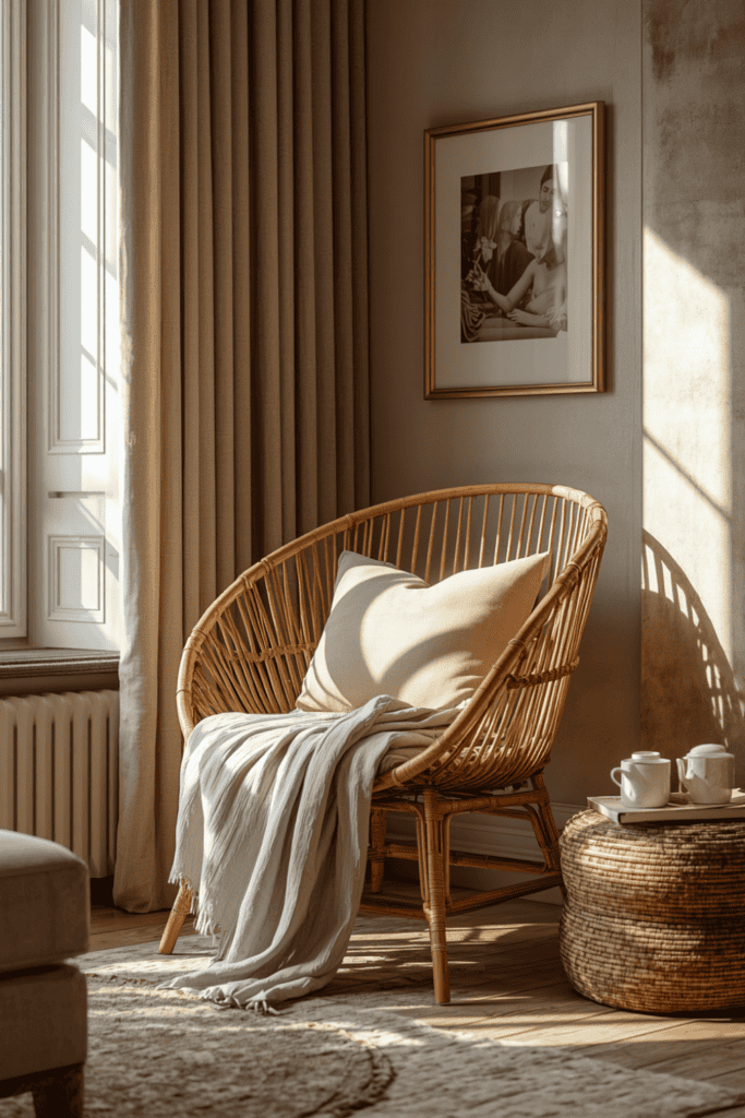 Bamboo accent chair in a cozy living room corner