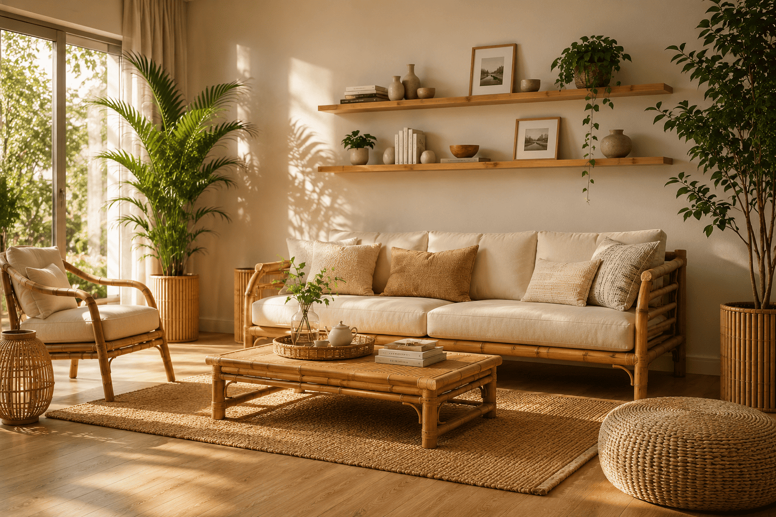Cozy bamboo living room with natural decor