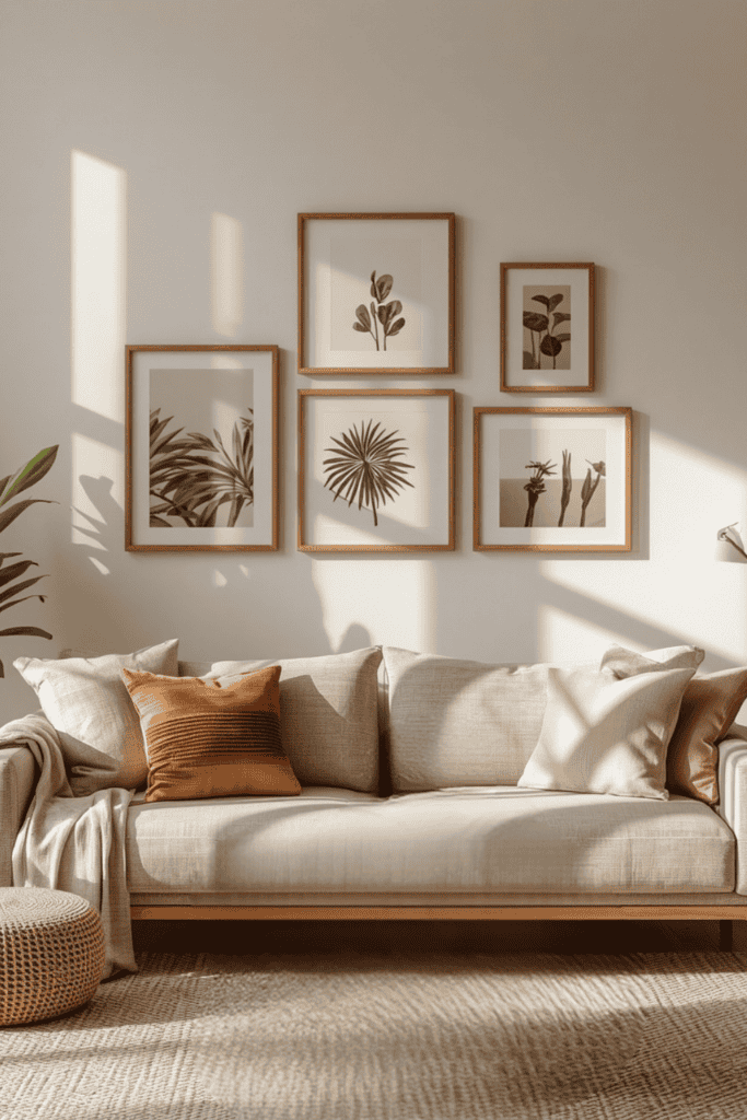 Bamboo picture frames on a living room wall