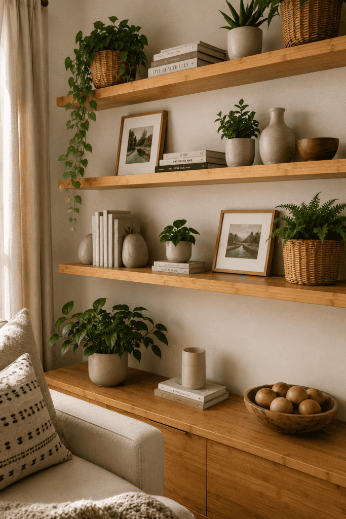 Floating bamboo shelves with books and plants