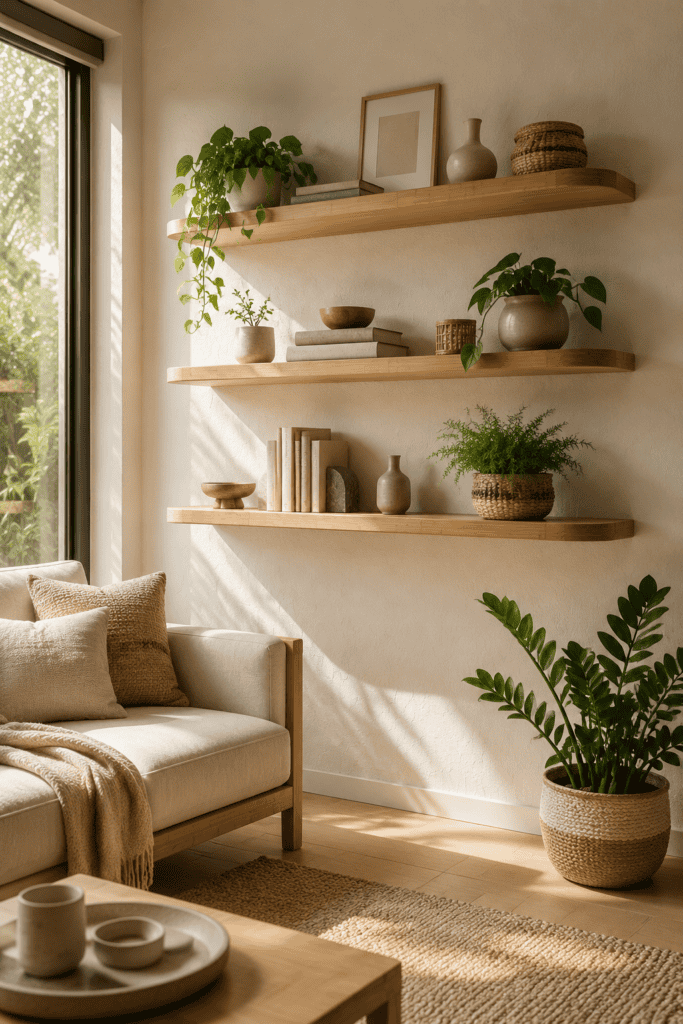 Modern floating bamboo shelves styled with plants, books, and ceramic decor in a bright Japandi living room.