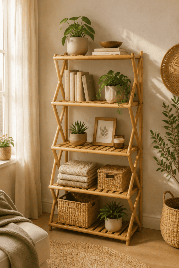 Freestanding bamboo shelving unit styled with woven baskets, books, and decorative accessories.