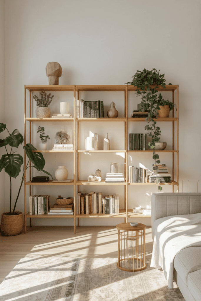 Open bamboo shelving with decorative accents