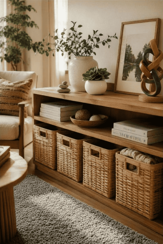 Bamboo storage baskets in a cozy living room