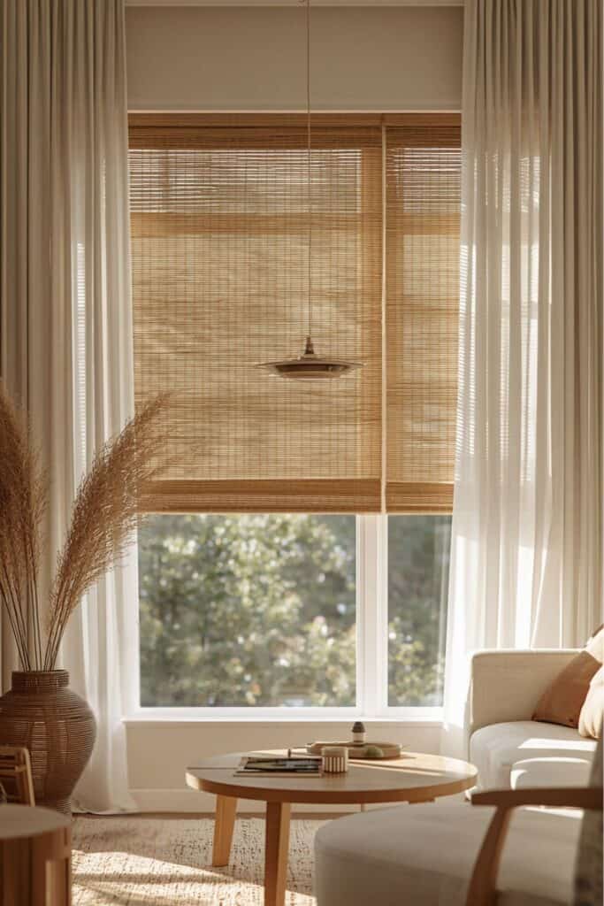 Bamboo blinds filtering natural sunlight in a living room