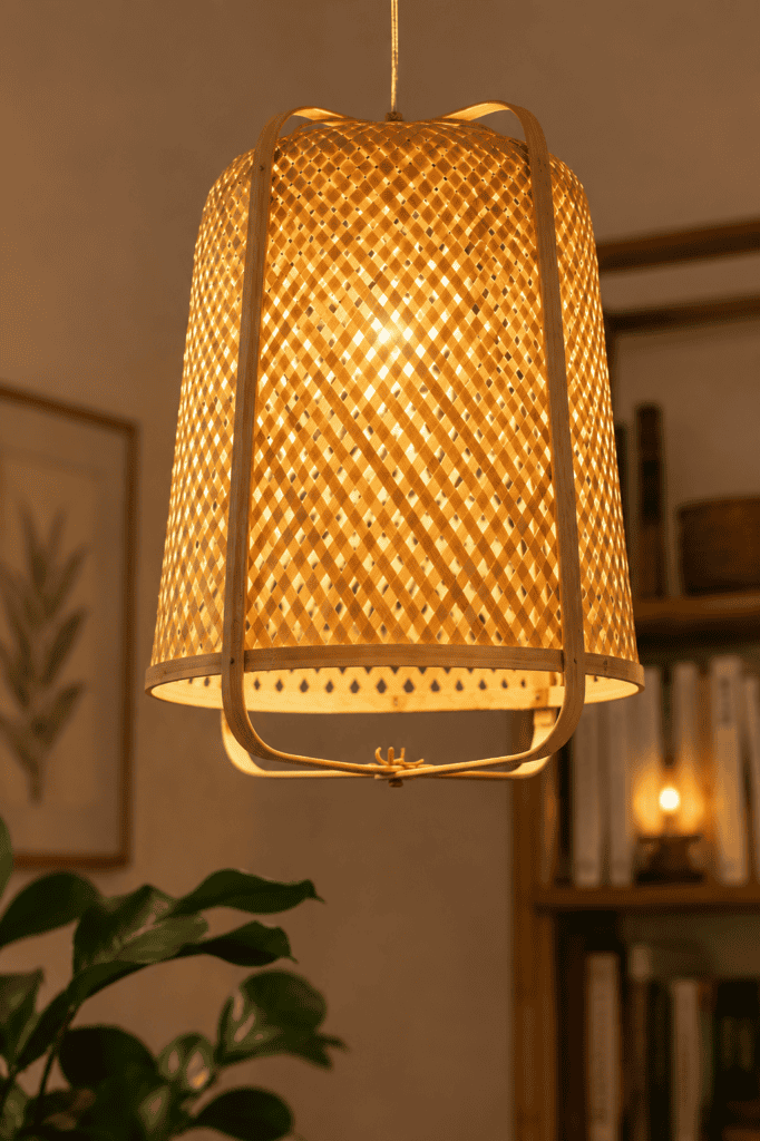 Woven bamboo pendant light in a cozy living room