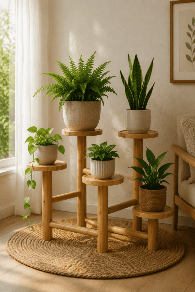 Bamboo plant shelves displaying a collection of indoor plants in a bright, sunlit room.