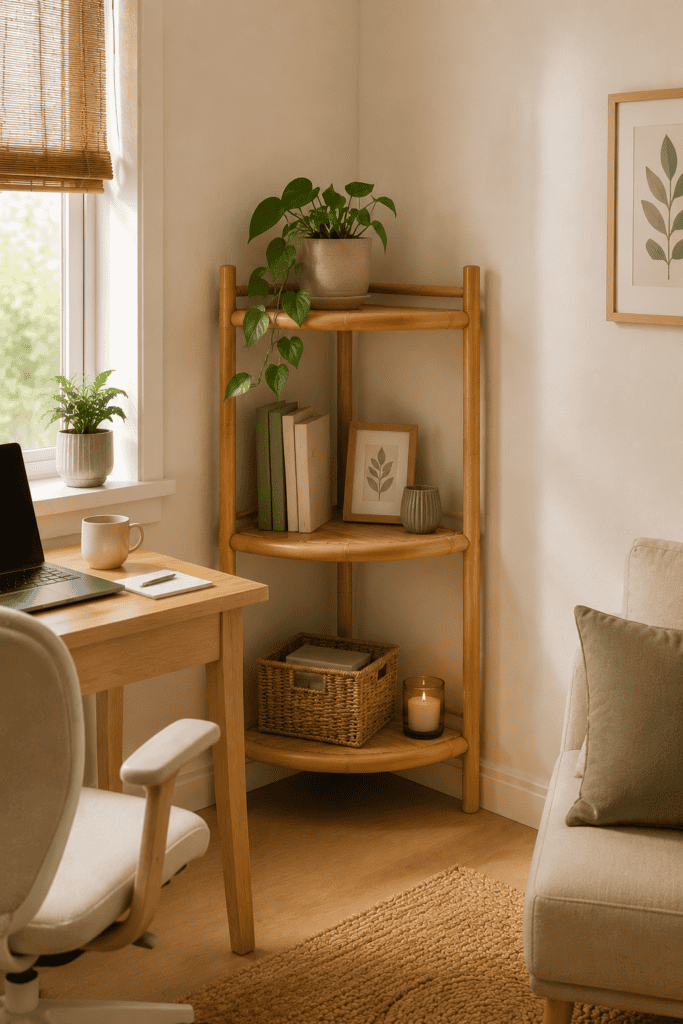 Three-tier bamboo corner shelves organizing books, plants, and decor in a cozy minimalist home office.
