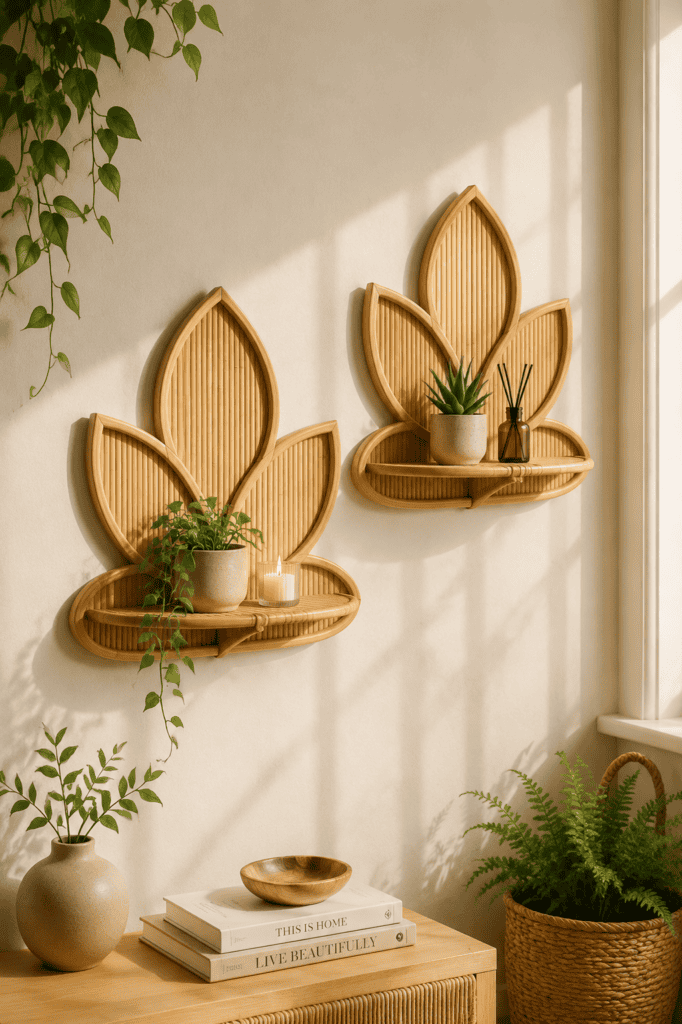 Decorative bamboo wall shelves with botanical-inspired design displaying small plants and home accessories.