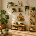 Modern bamboo shelves styled with plants, books, and natural decor in a bright Japandi living room.