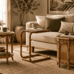 Modern bamboo side table in a cozy living room