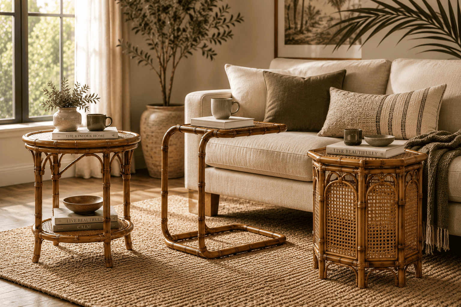 Modern bamboo side table in a cozy living room