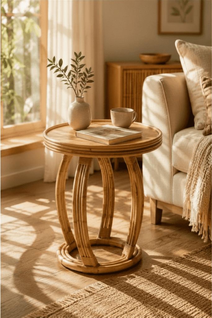 Round bamboo side table in a Japandi living room