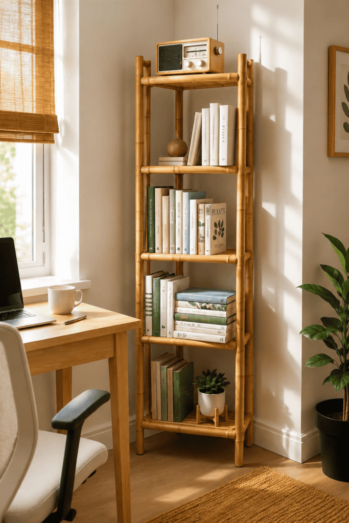 Modern bamboo bookshelf styled with books, ceramic decor, and indoor plants in a cozy reading corner.