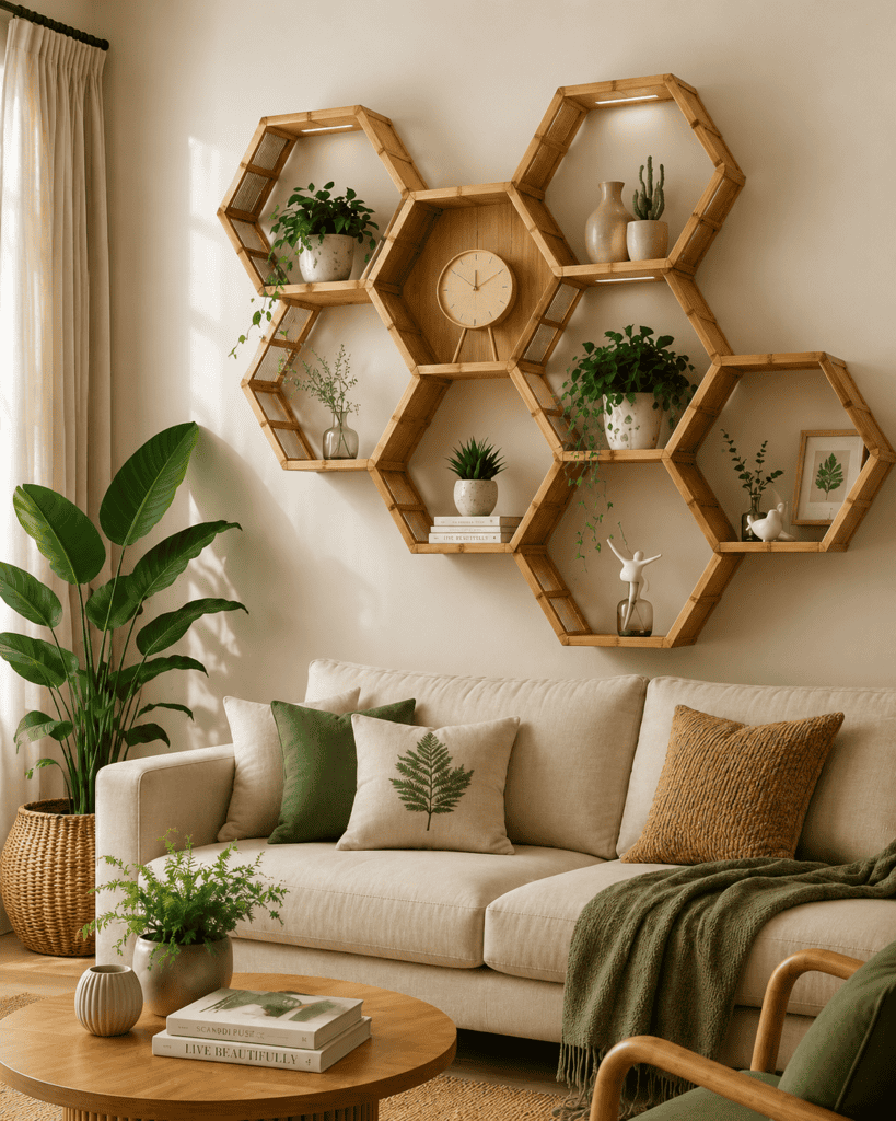 Stylish bamboo shelving unit displaying books, plants, and decorative accents in a living room.