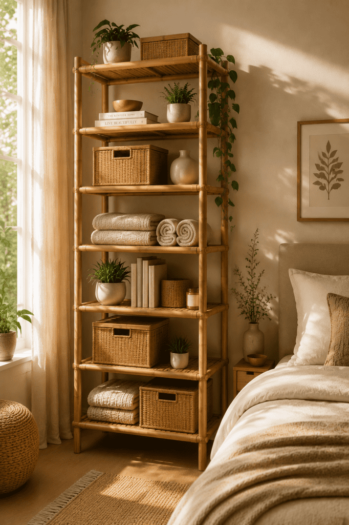 Tall multi-tier bamboo storage shelves with woven storage boxes, books, and folded blankets in a cozy bedroom.