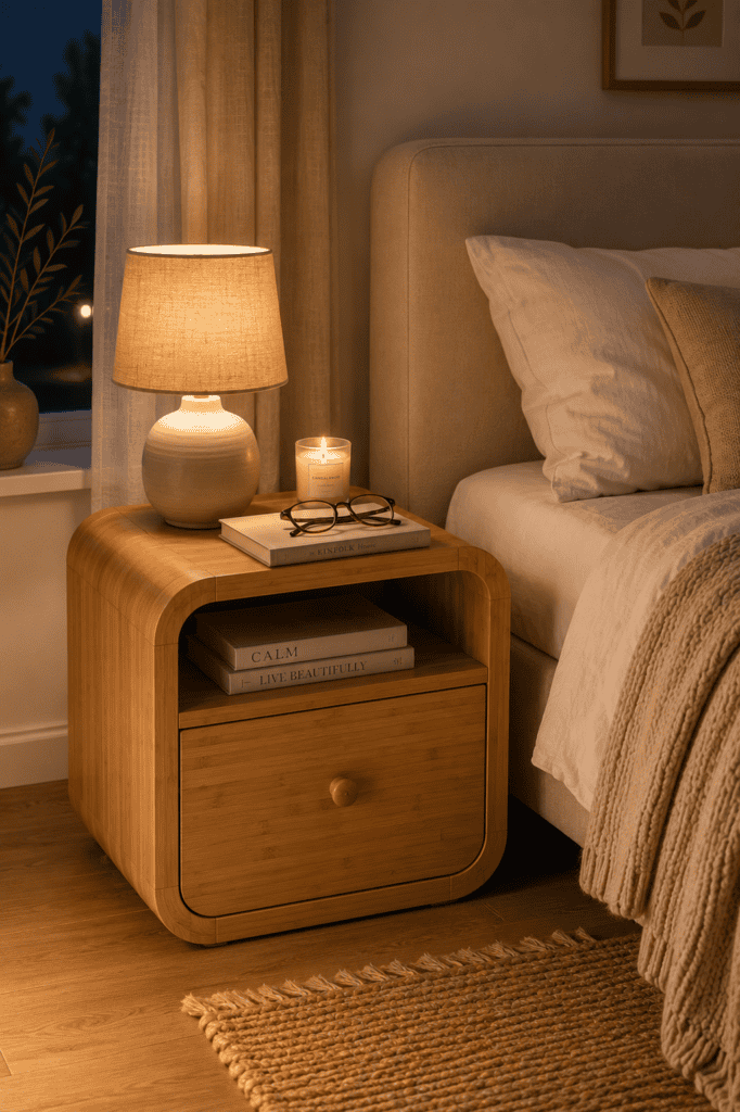 Bamboo bedside table with lamp and books