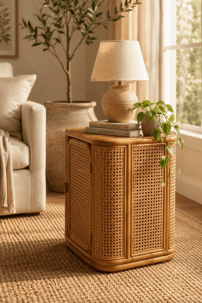 Boho bamboo side table with woven cane panels