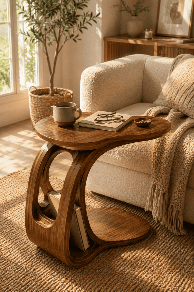 C-shaped bamboo side table beside a lounge chair