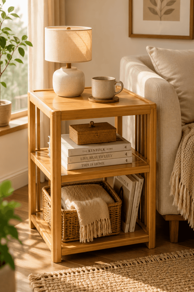 Bamboo side table with open storage shelves