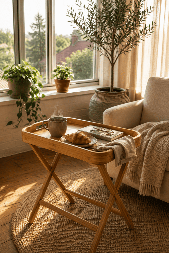Folding bamboo tray side table in a reading corner